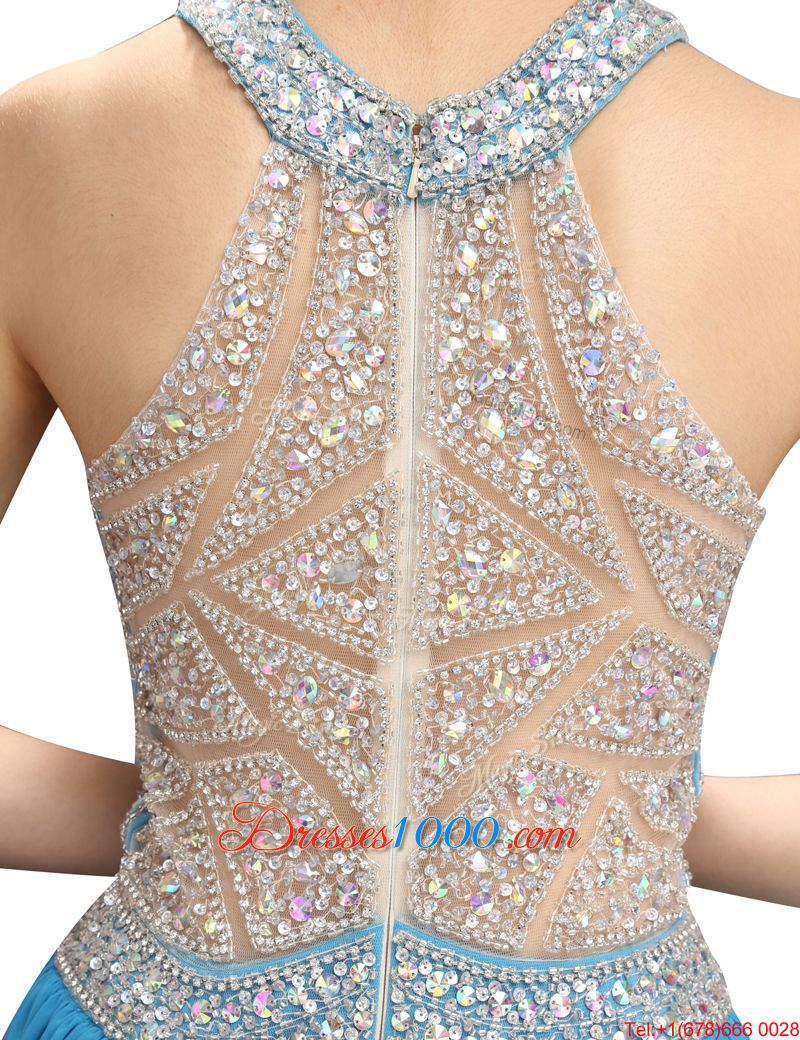 High Quality Scoop Mini Length Zipper Evening Gowns Baby Blue and In for Prom and Party with Beading