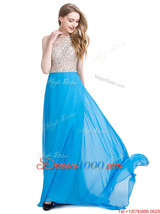 Excellent Scoop With Train Column/Sheath Sleeveless Blue Evening Dresses Brush Train Zipper
