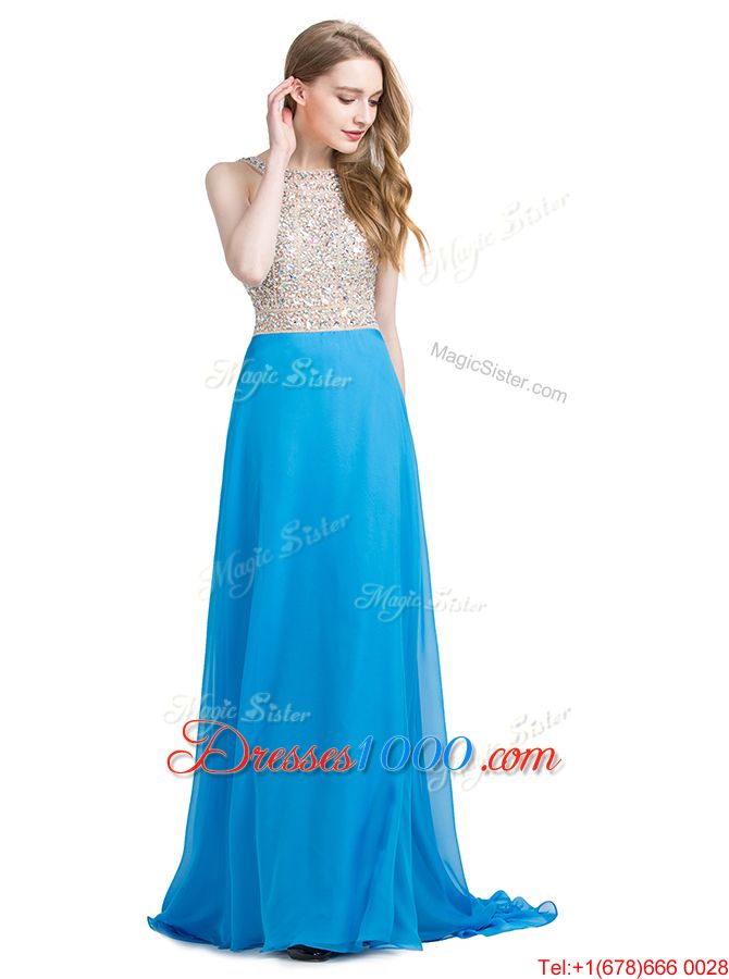 Excellent Scoop With Train Column/Sheath Sleeveless Blue Evening Dresses Brush Train Zipper