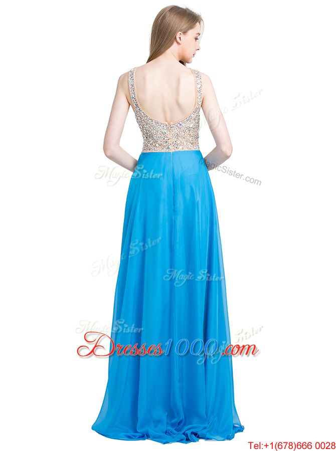 Excellent Scoop With Train Column/Sheath Sleeveless Blue Evening Dresses Brush Train Zipper