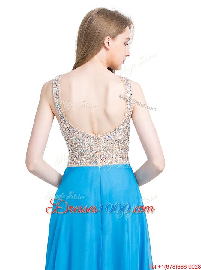 Excellent Scoop With Train Column/Sheath Sleeveless Blue Evening Dresses Brush Train Zipper