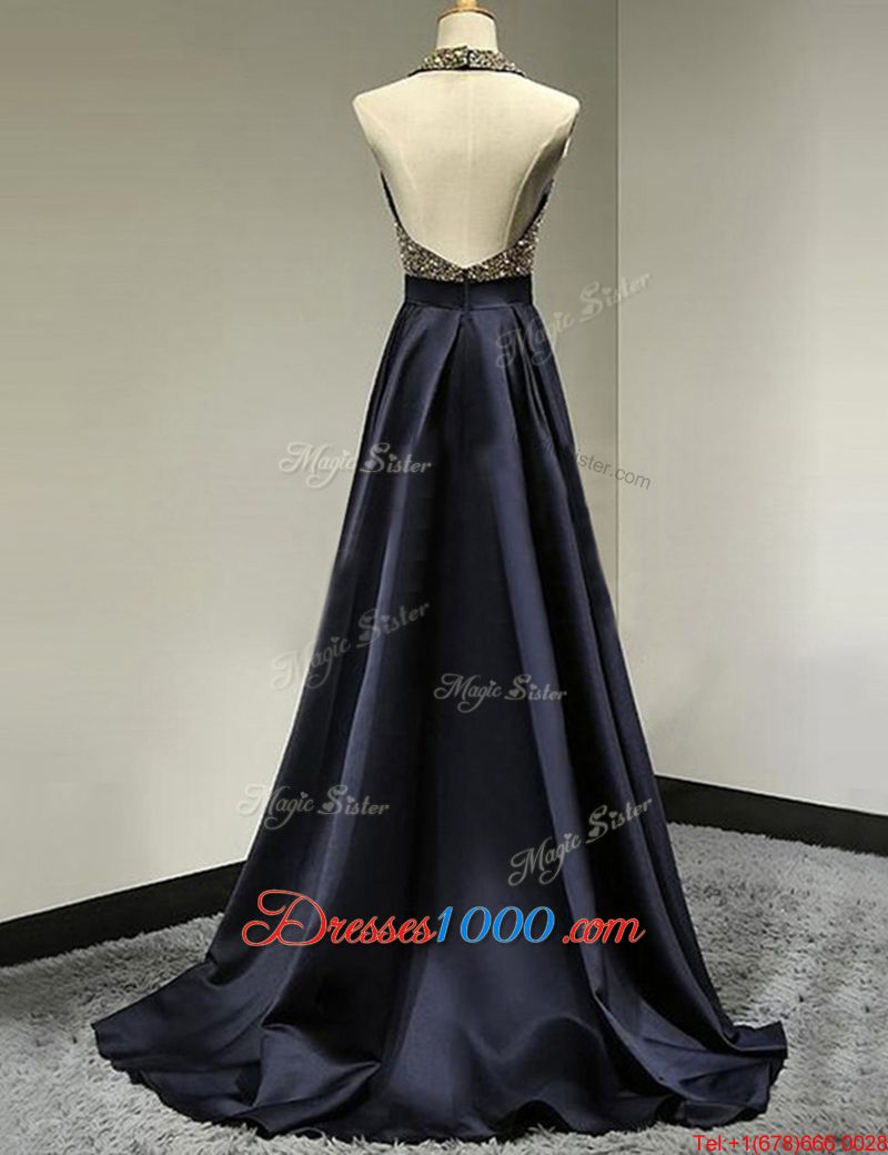 Exquisite Navy Blue Column/Sheath Halter Top Sleeveless Satin With Brush Train Backless Beading Formal Evening Gowns