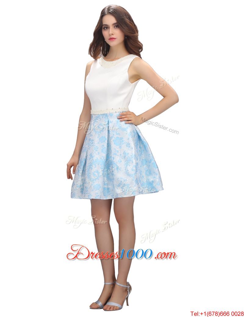 Custom Design Scoop Printed White Zipper Formal Evening Gowns Beading and Pattern Sleeveless Mini Length