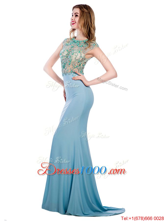 Best Selling Scoop Light Blue Sleeveless Sweep Train Beading With Train Homecoming Dress