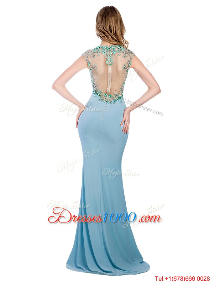 Best Selling Scoop Light Blue Sleeveless Sweep Train Beading With Train Homecoming Dress