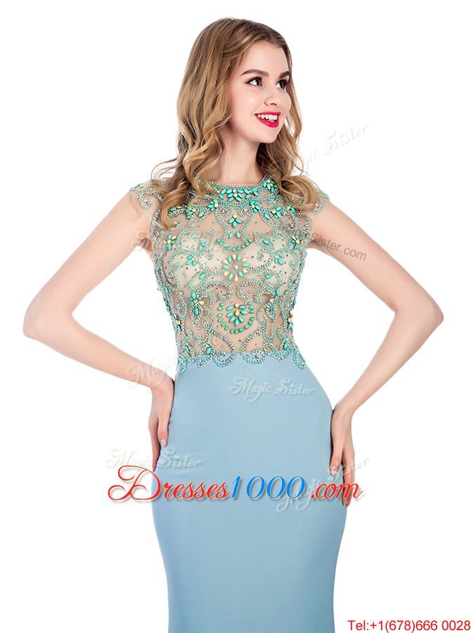 Best Selling Scoop Light Blue Sleeveless Sweep Train Beading With Train Homecoming Dress