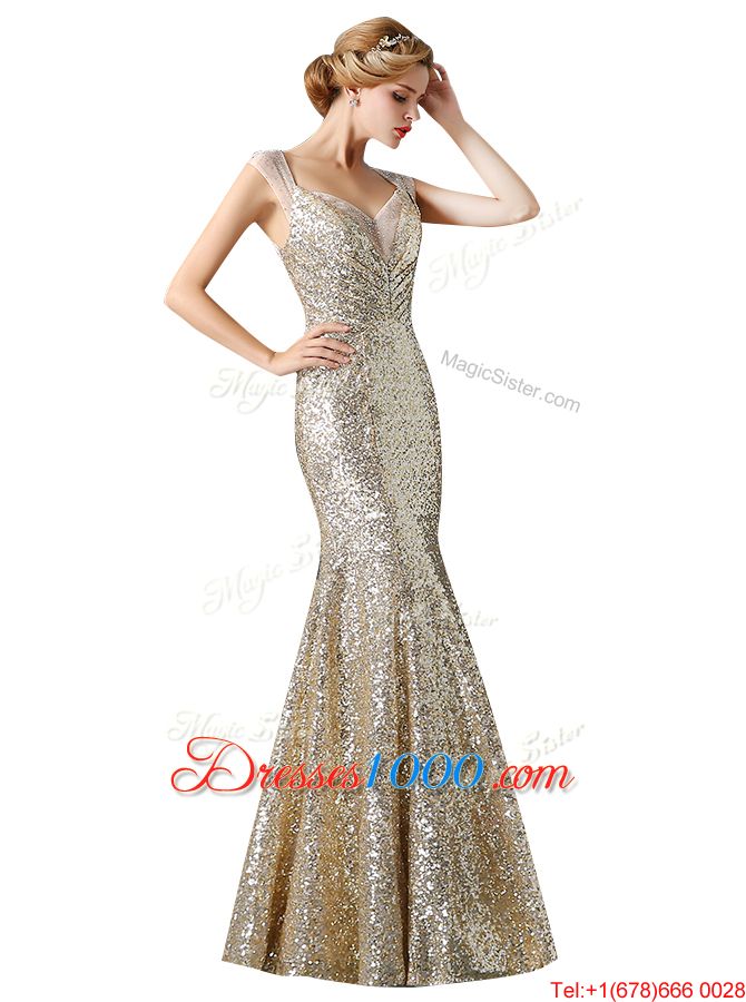 Mermaid Sleeveless Floor Length Sequins Zipper Juniors Evening Dress with Champagne