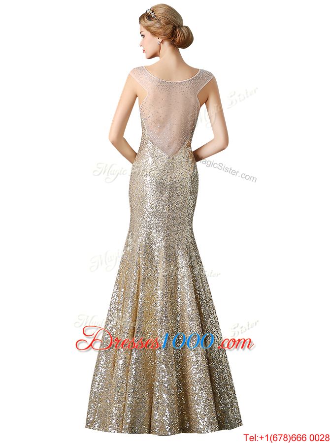 Mermaid Sleeveless Floor Length Sequins Zipper Juniors Evening Dress with Champagne
