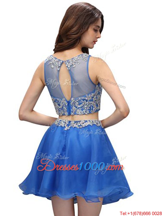 Scoop Beading Hoco Dress Blue Zipper Sleeveless Mini Length