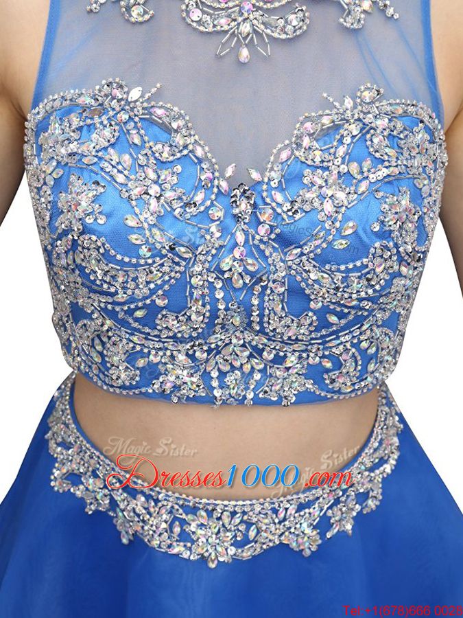 Scoop Beading Hoco Dress Blue Zipper Sleeveless Mini Length