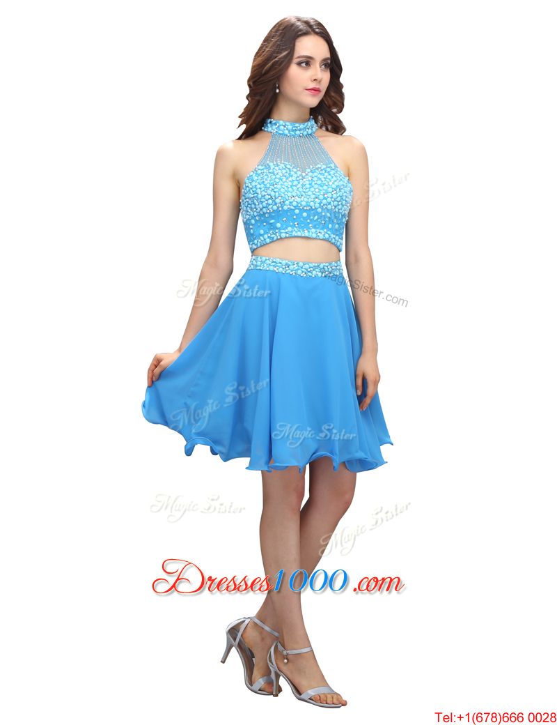 Blue Two Pieces Chiffon High-neck Sleeveless Beading Mini Length Zipper Evening Outfits