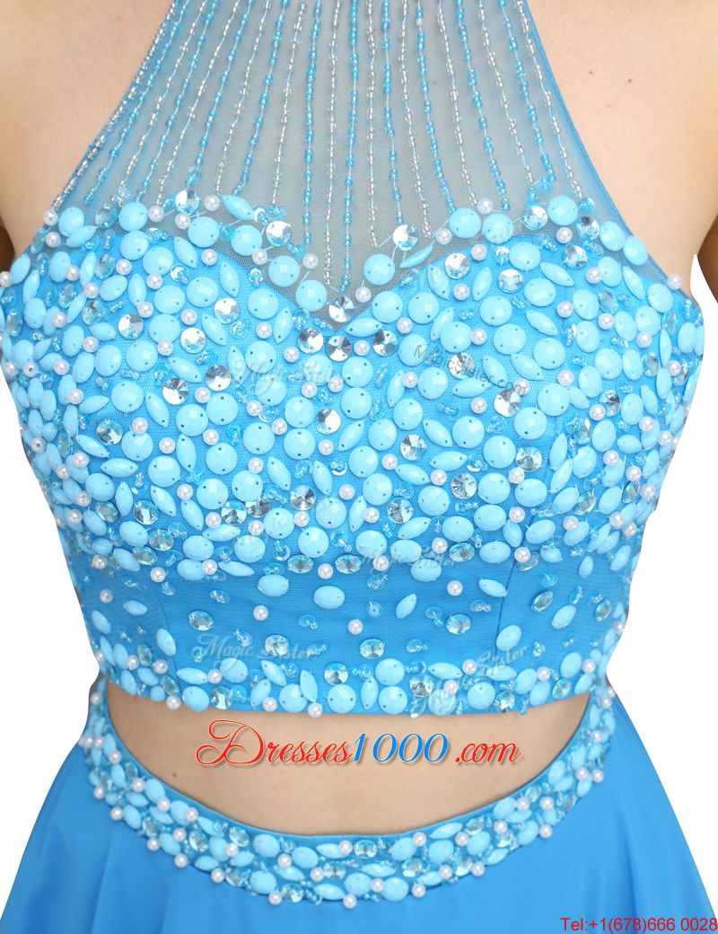 Blue Two Pieces Chiffon High-neck Sleeveless Beading Mini Length Zipper Evening Outfits