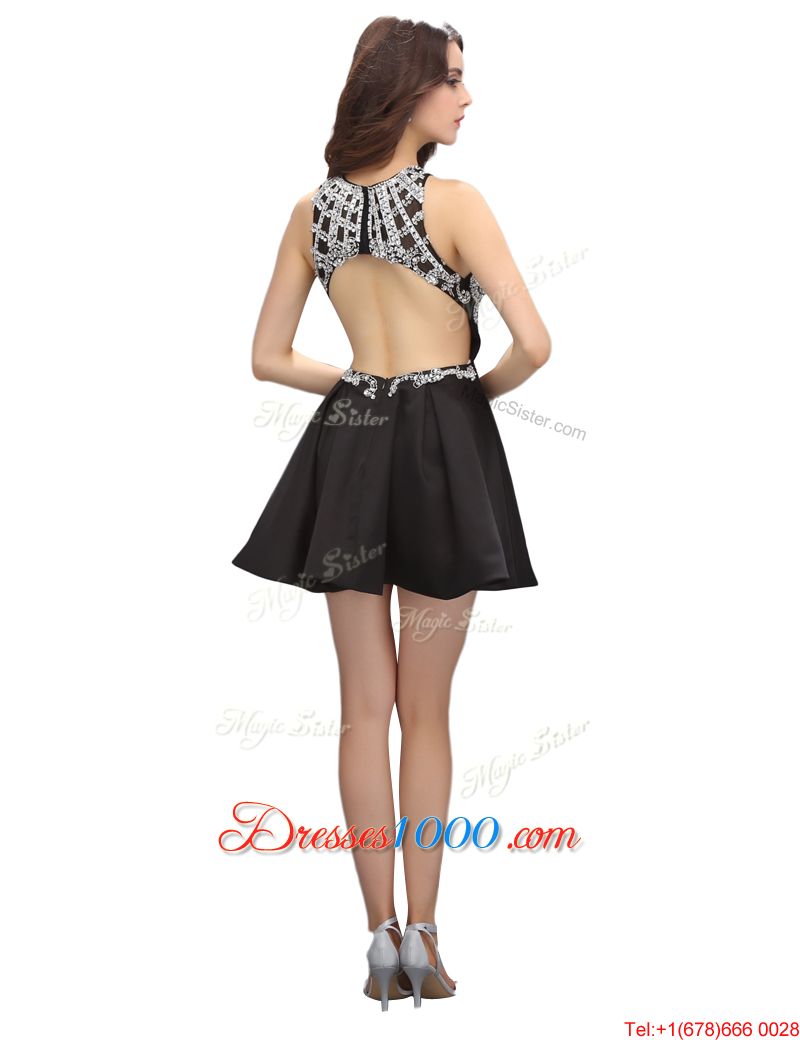 High End Scoop Black Satin Zipper Evening Dresses Sleeveless Mini Length Beading