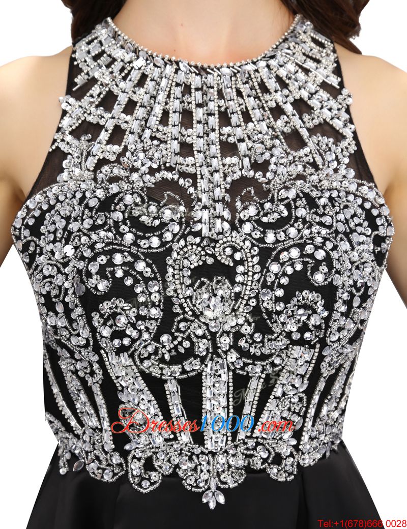 High End Scoop Black Satin Zipper Evening Dresses Sleeveless Mini Length Beading