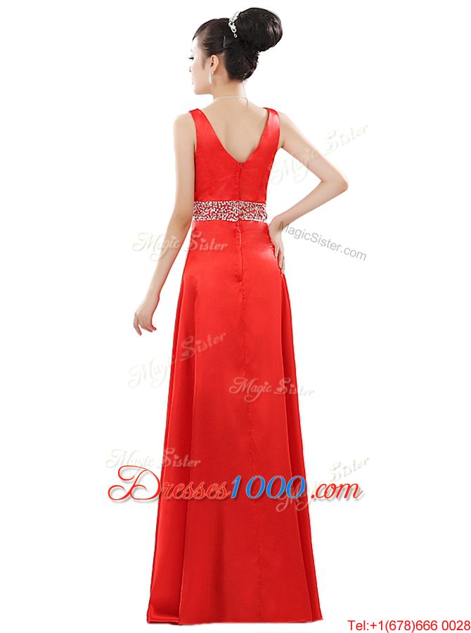 Watermelon Red V-neck Neckline Beading Juniors Evening Dress Sleeveless Zipper