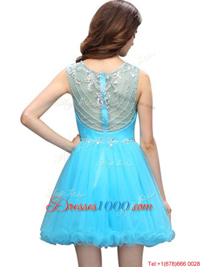Flare Scoop Sleeveless Zipper Formal Dresses Aqua Blue Organza