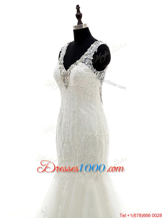 Fine Mermaid Tulle and Lace Sleeveless Wedding Dresses Brush Train and Beading