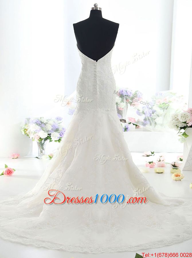 Latest Mermaid White Wedding Gown Wedding Party and For with Lace Sweetheart Sleeveless Brush Train Backless