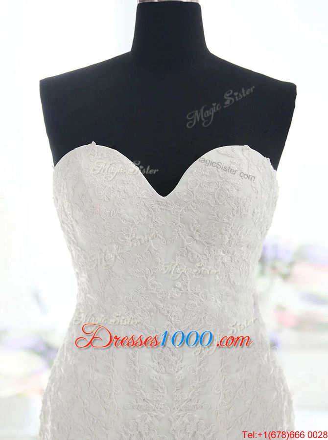 Latest Mermaid White Wedding Gown Wedding Party and For with Lace Sweetheart Sleeveless Brush Train Backless