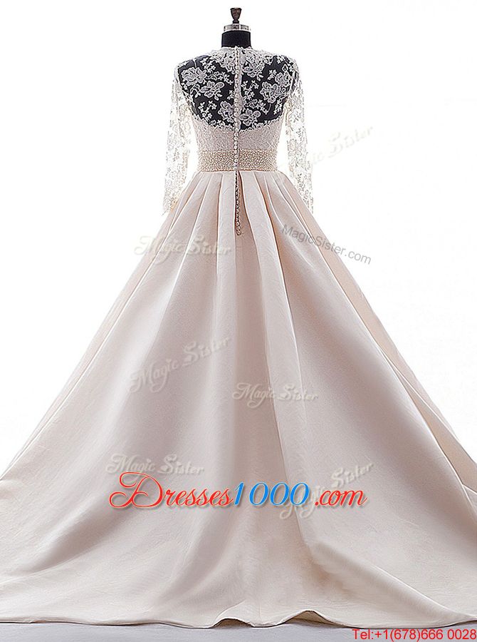 Colorful Scalloped Pink 3|4 Length Sleeve Satin Brush Train Clasp Handle Wedding Dress for Wedding Party