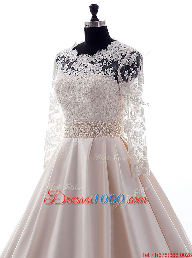 Colorful Scalloped Pink 3|4 Length Sleeve Satin Brush Train Clasp Handle Wedding Dress for Wedding Party