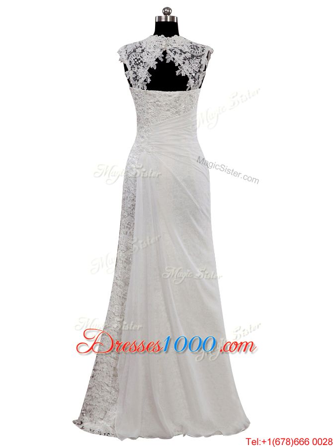 Trendy White Cap Sleeves Floor Length Lace Side Zipper Bridal Gown