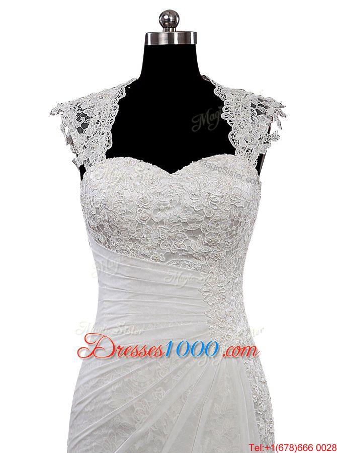 Trendy White Cap Sleeves Floor Length Lace Side Zipper Bridal Gown