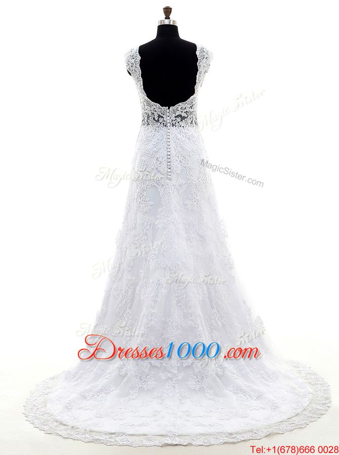 Brush Train Column/Sheath Bridal Gown Lilac V-neck Lace Sleeveless With Train Clasp Handle