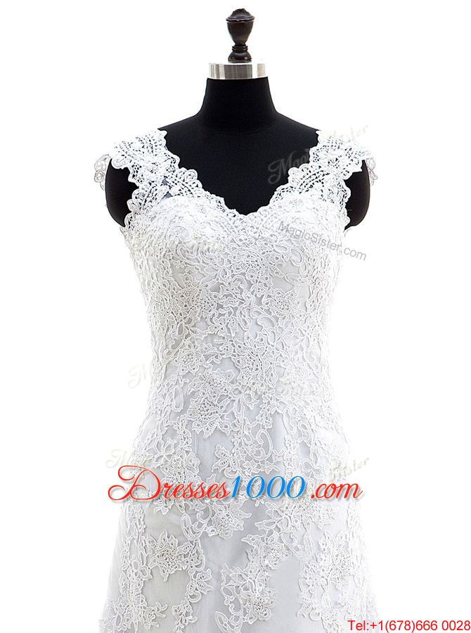 Brush Train Column/Sheath Bridal Gown Lilac V-neck Lace Sleeveless With Train Clasp Handle
