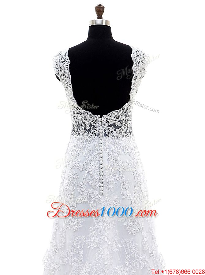 Brush Train Column/Sheath Bridal Gown Lilac V-neck Lace Sleeveless With Train Clasp Handle