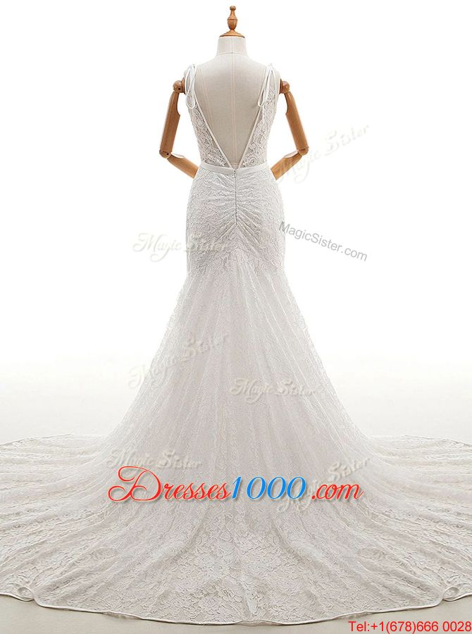 Edgy White Mermaid Lace Wedding Dress Backless Lace Sleeveless With Train