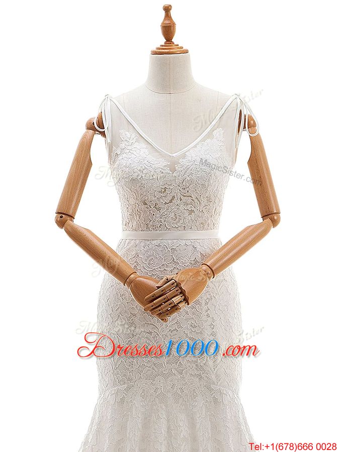 Edgy White Mermaid Lace Wedding Dress Backless Lace Sleeveless With Train