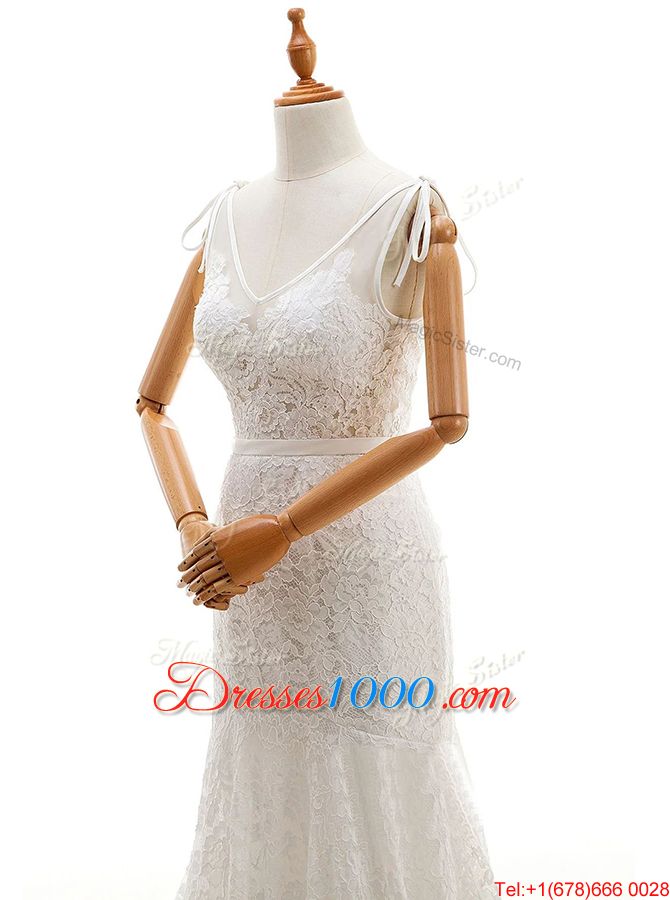 Edgy White Mermaid Lace Wedding Dress Backless Lace Sleeveless With Train