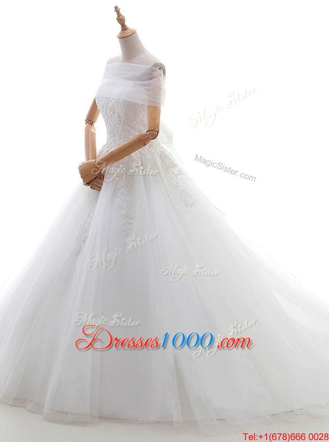 Captivating White Cap Sleeves Tulle Court Train Lace Up Wedding Dresses for Wedding Party