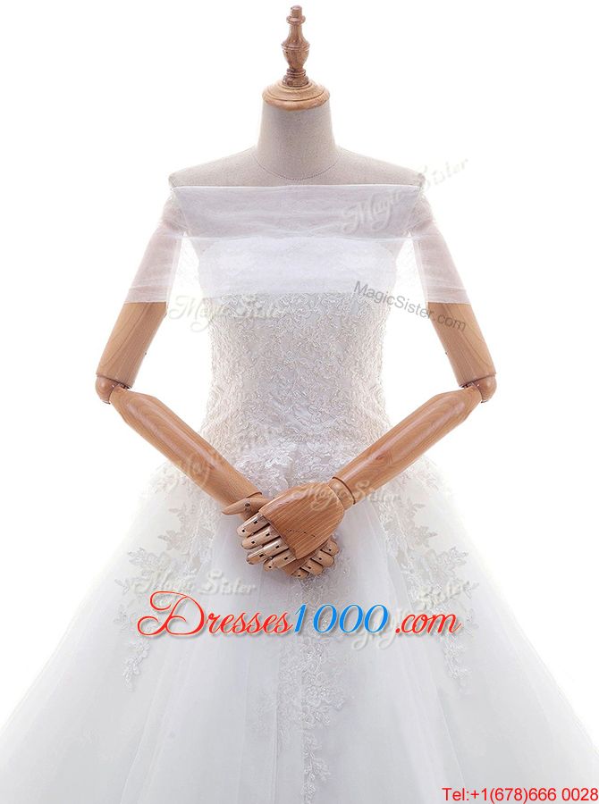Captivating White Cap Sleeves Tulle Court Train Lace Up Wedding Dresses for Wedding Party