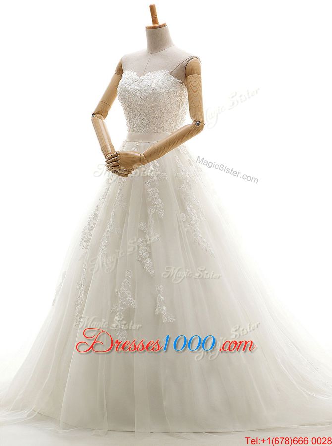 White Lace Up Strapless Appliques Wedding Gowns Satin Sleeveless Cathedral Train