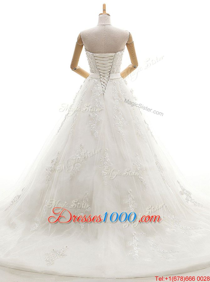 White Lace Up Strapless Appliques Wedding Gowns Satin Sleeveless Cathedral Train