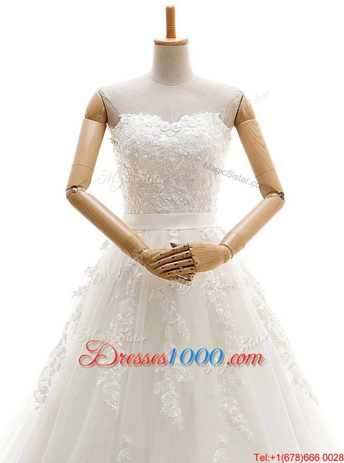 White Lace Up Strapless Appliques Wedding Gowns Satin Sleeveless Cathedral Train