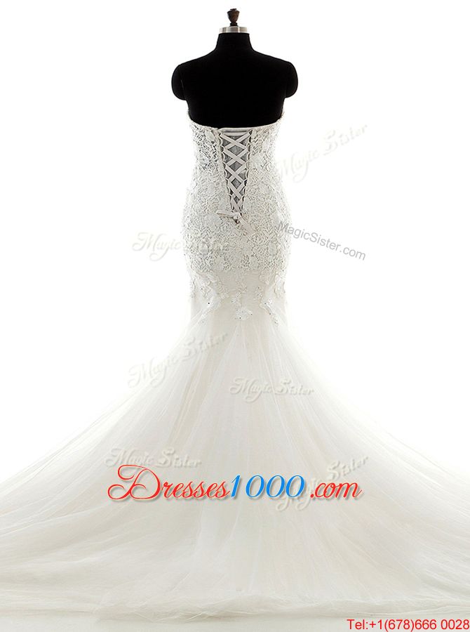 Mermaid Sleeveless Brush Train Lace Up With Train Lace Wedding Gown