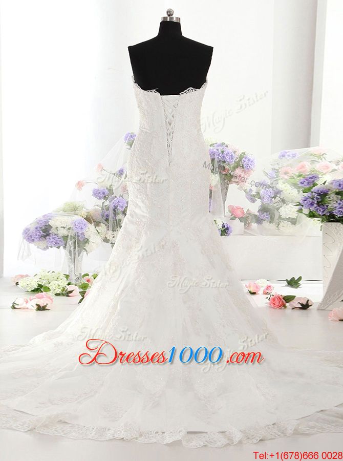 Superior Mermaid White Sweetheart Lace Up Lace Wedding Gown Court Train Sleeveless