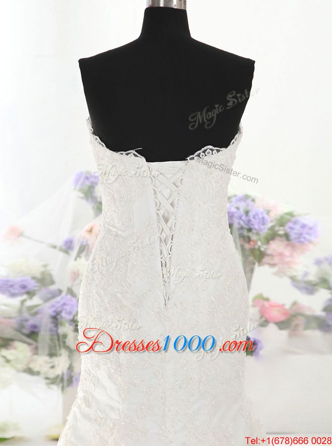 Superior Mermaid White Sweetheart Lace Up Lace Wedding Gown Court Train Sleeveless