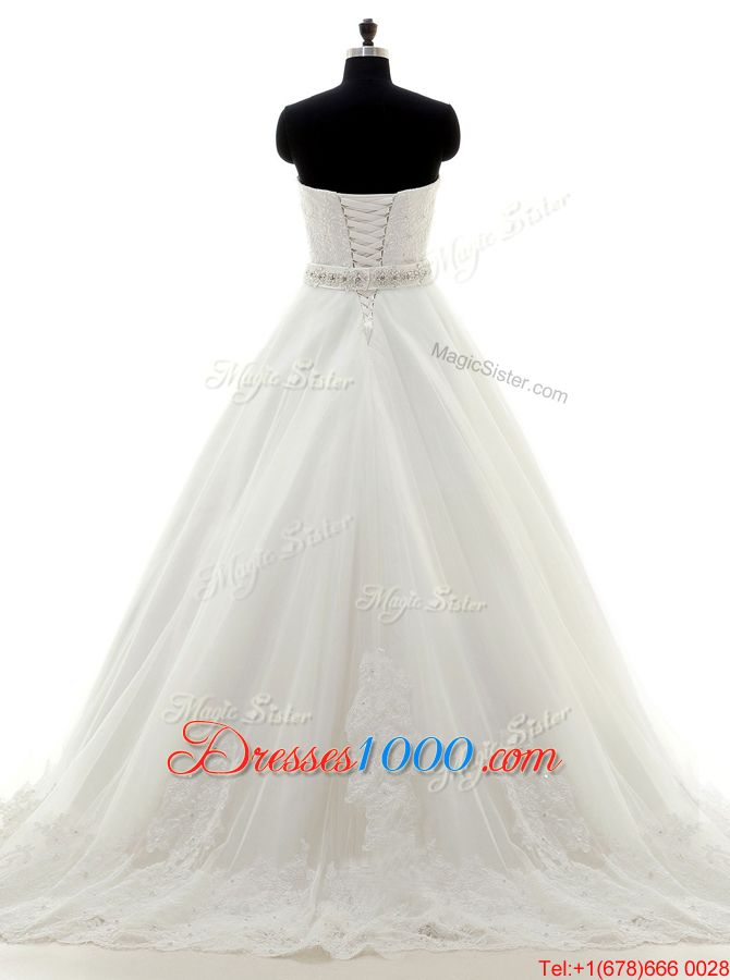 Beautiful White Lace Lace Up Sweetheart Sleeveless With Train Wedding Dress Brush Train Beading and Lace