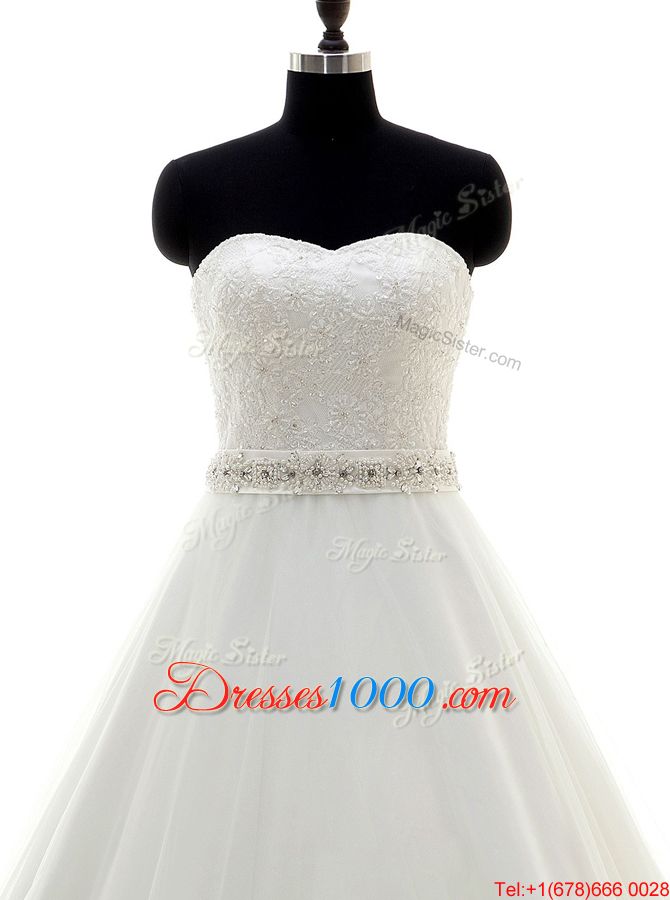 Beautiful White Lace Lace Up Sweetheart Sleeveless With Train Wedding Dress Brush Train Beading and Lace