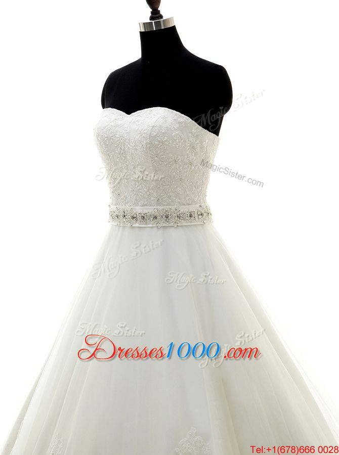 Beautiful White Lace Lace Up Sweetheart Sleeveless With Train Wedding Dress Brush Train Beading and Lace