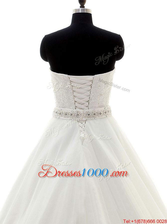 Beautiful White Lace Lace Up Sweetheart Sleeveless With Train Wedding Dress Brush Train Beading and Lace