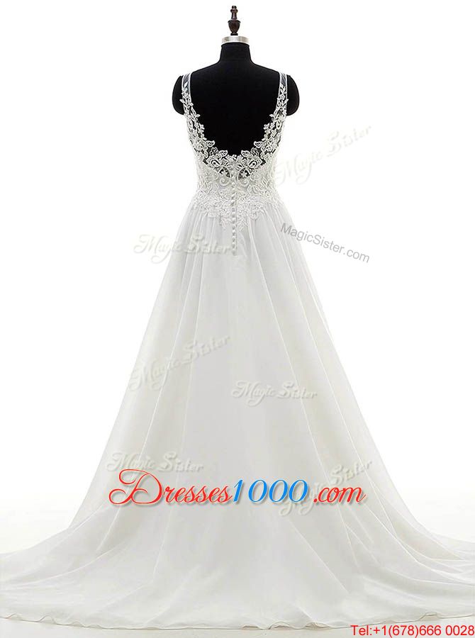 Simple Scoop Sleeveless Chiffon Wedding Dress Lace Brush Train Clasp Handle