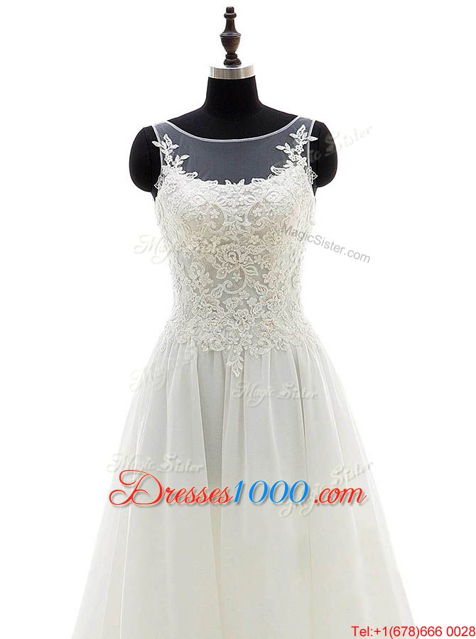 Simple Scoop Sleeveless Chiffon Wedding Dress Lace Brush Train Clasp Handle