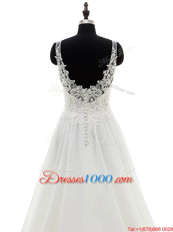 Simple Scoop Sleeveless Chiffon Wedding Dress Lace Brush Train Clasp Handle