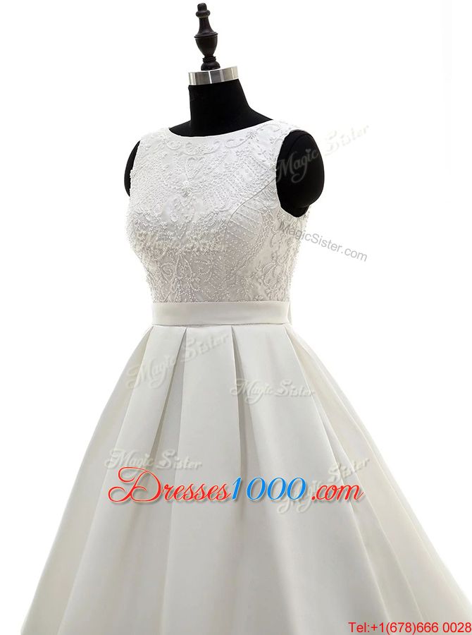 Scoop White Sleeveless Satin Brush Train Criss Cross Wedding Dress for Wedding Party
