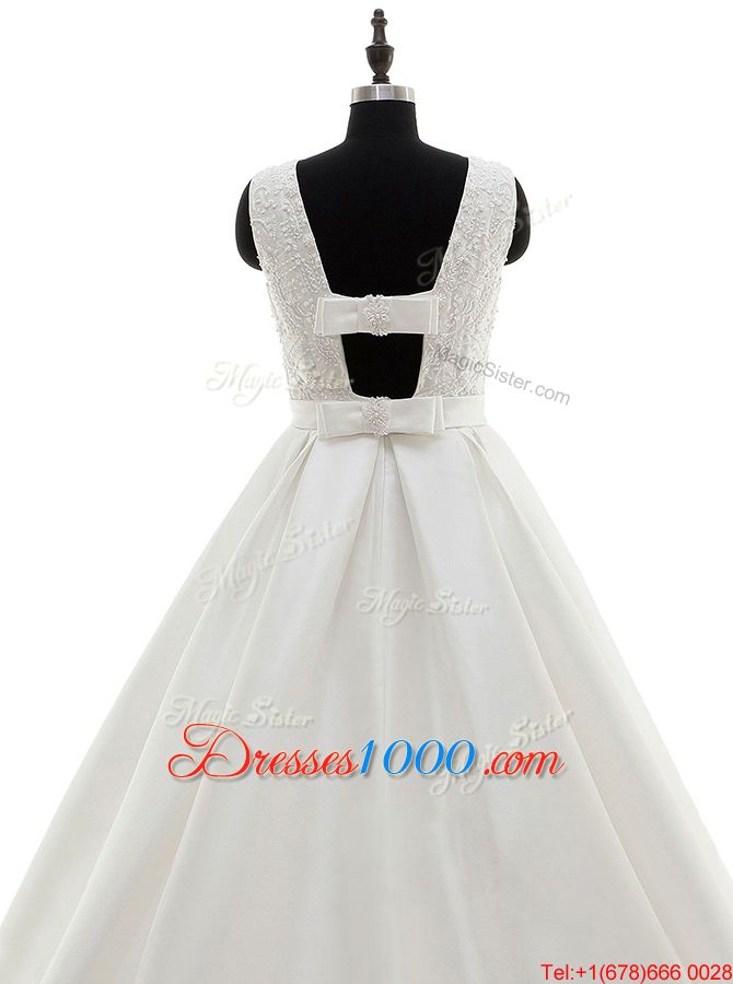 Scoop White Sleeveless Satin Brush Train Criss Cross Wedding Dress for Wedding Party